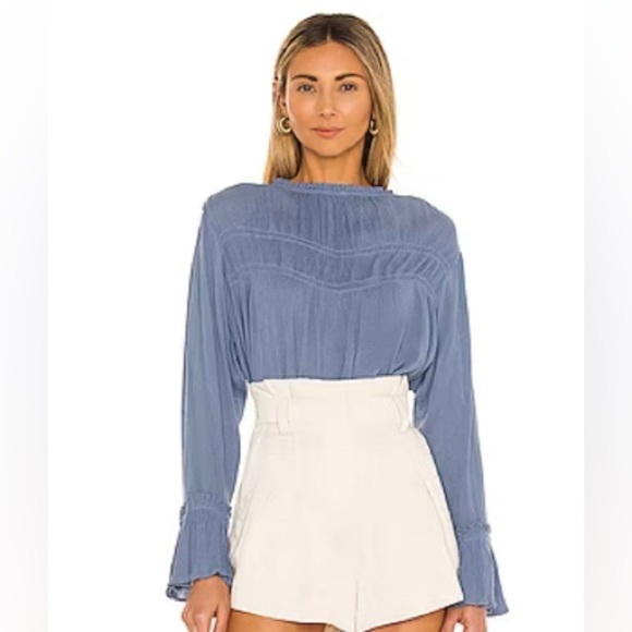 Free People Kelsey Top in Blue Metal Blouse Shirt Size M - Picture 1 of 12